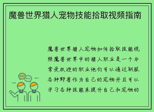 魔兽世界猎人宠物技能拾取视频指南